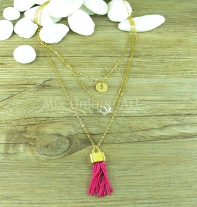 Multi Strand Necklace in Gold with Pink Tassel