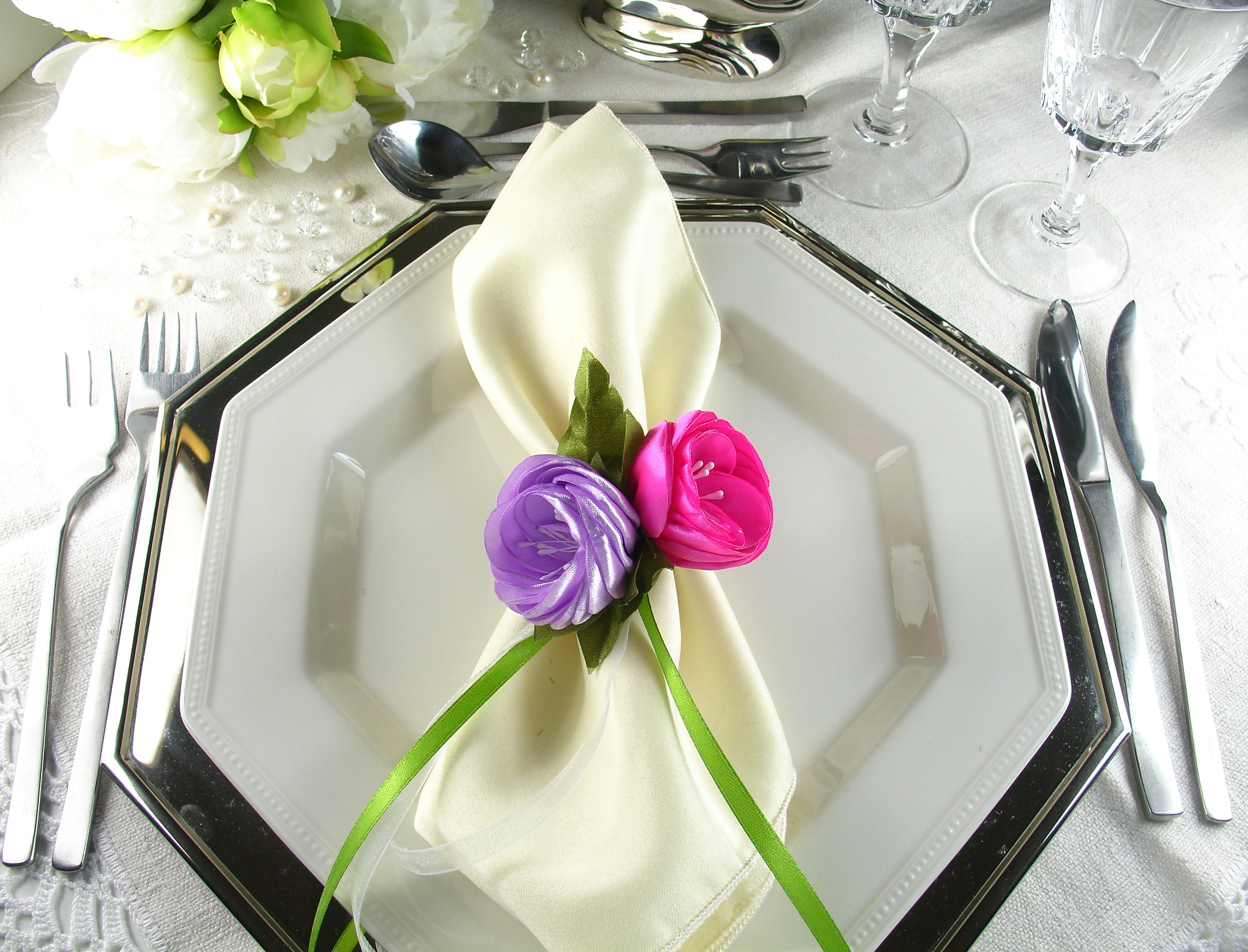 Silk Flowers as Napkin Rings