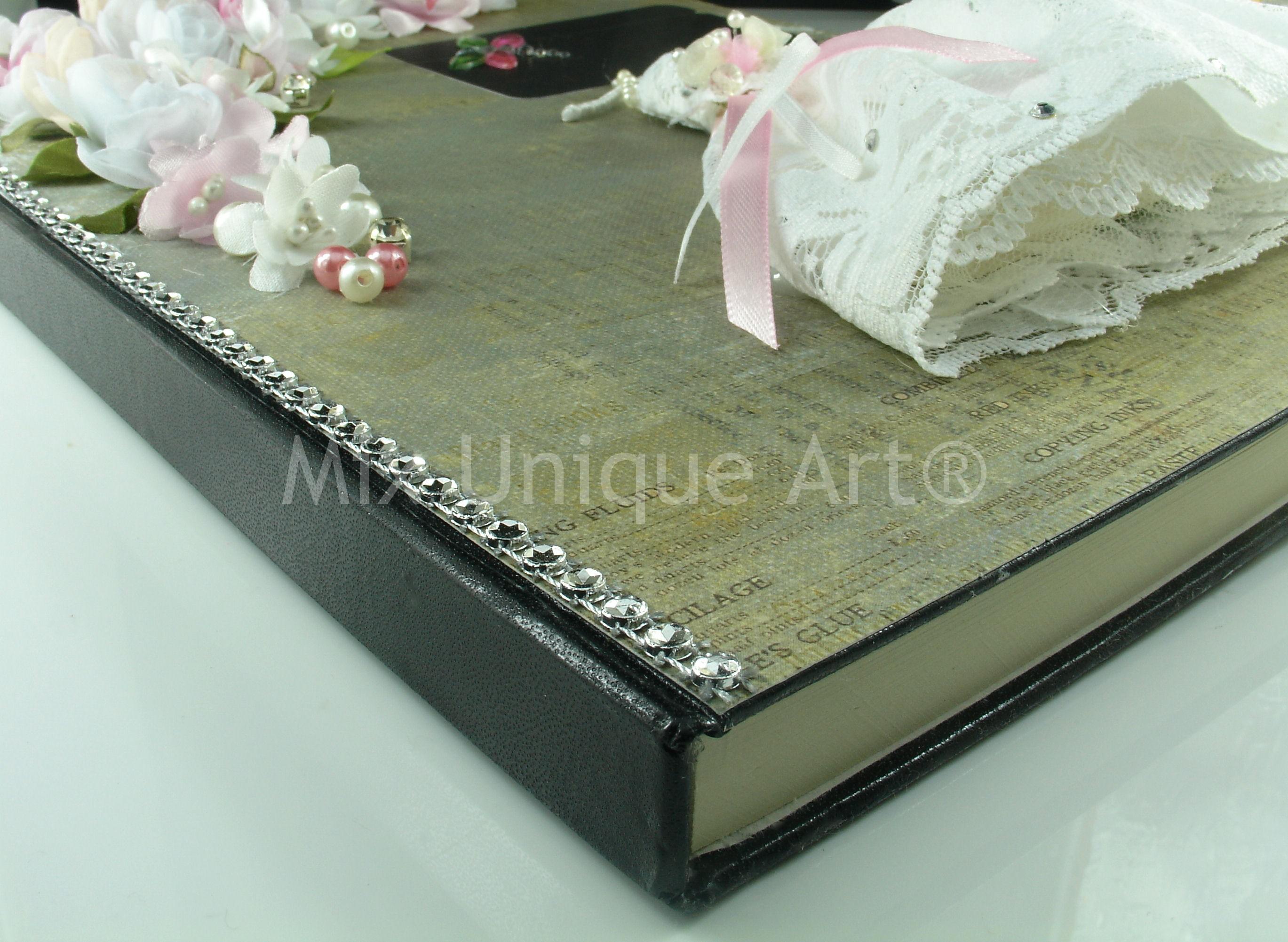 Wedding Guest Book with bride dress in white and silk flowers handmade.
