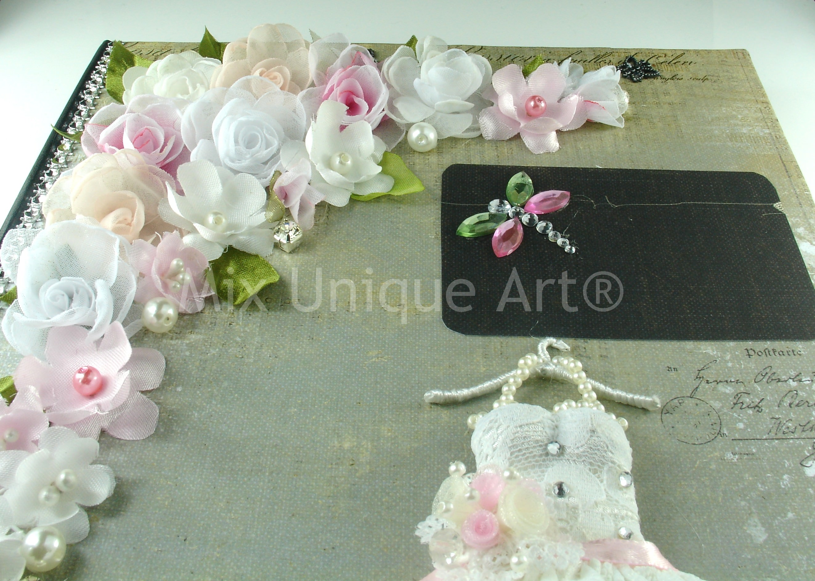 Wedding Guest Book with bride dress in white and silk flowers handmade.