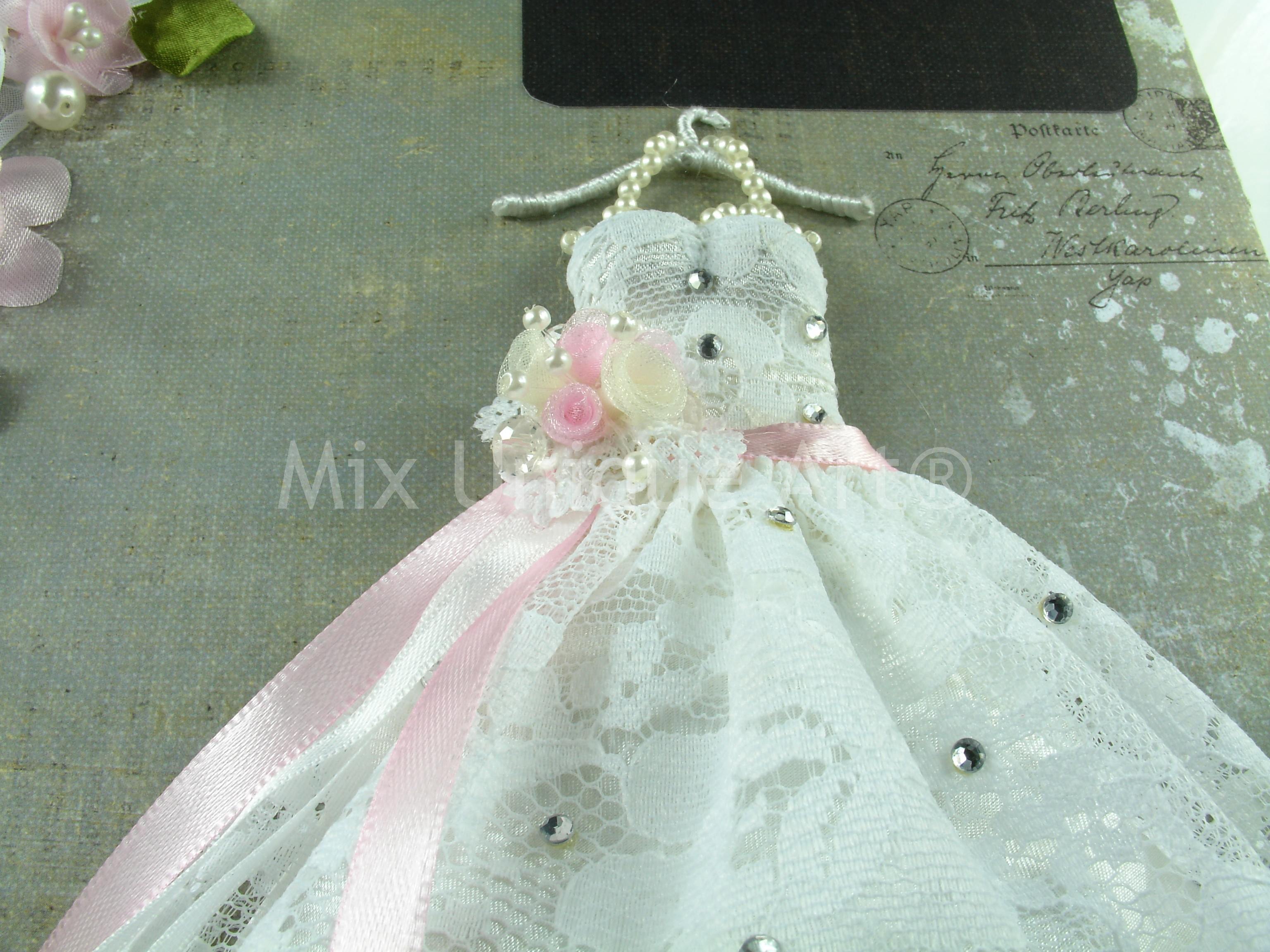 Wedding Guest Book with bride dress in white and silk flowers handmade.
